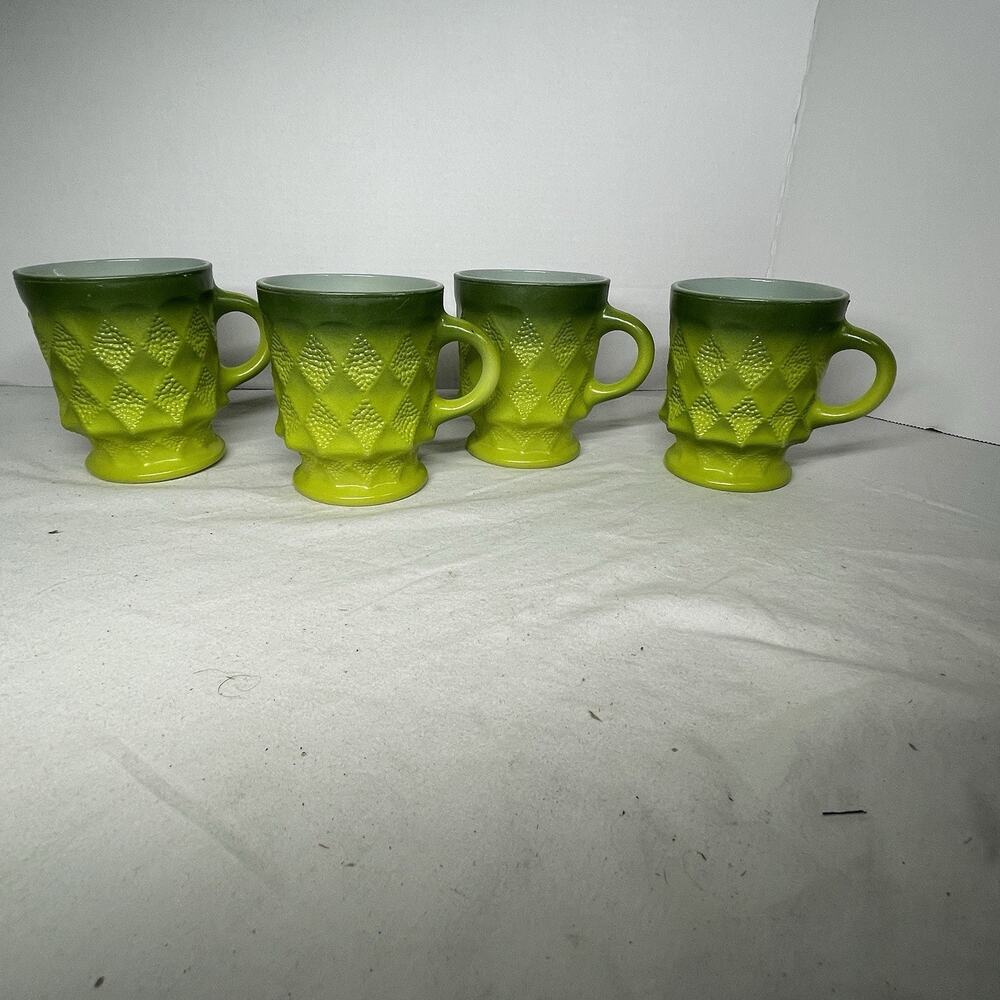 Vintage Set of 4 Fire King Anchor Hocking Diamond Pattern Coffee Cups Green